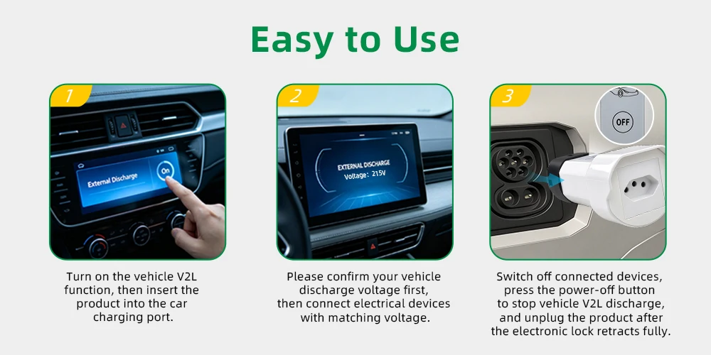 EVqiaoyi Type2 V2L Discharger with Power-Off Button 16A MG BYD Vehicle-to-Load Plug for Brazilian New Energy Vehicles