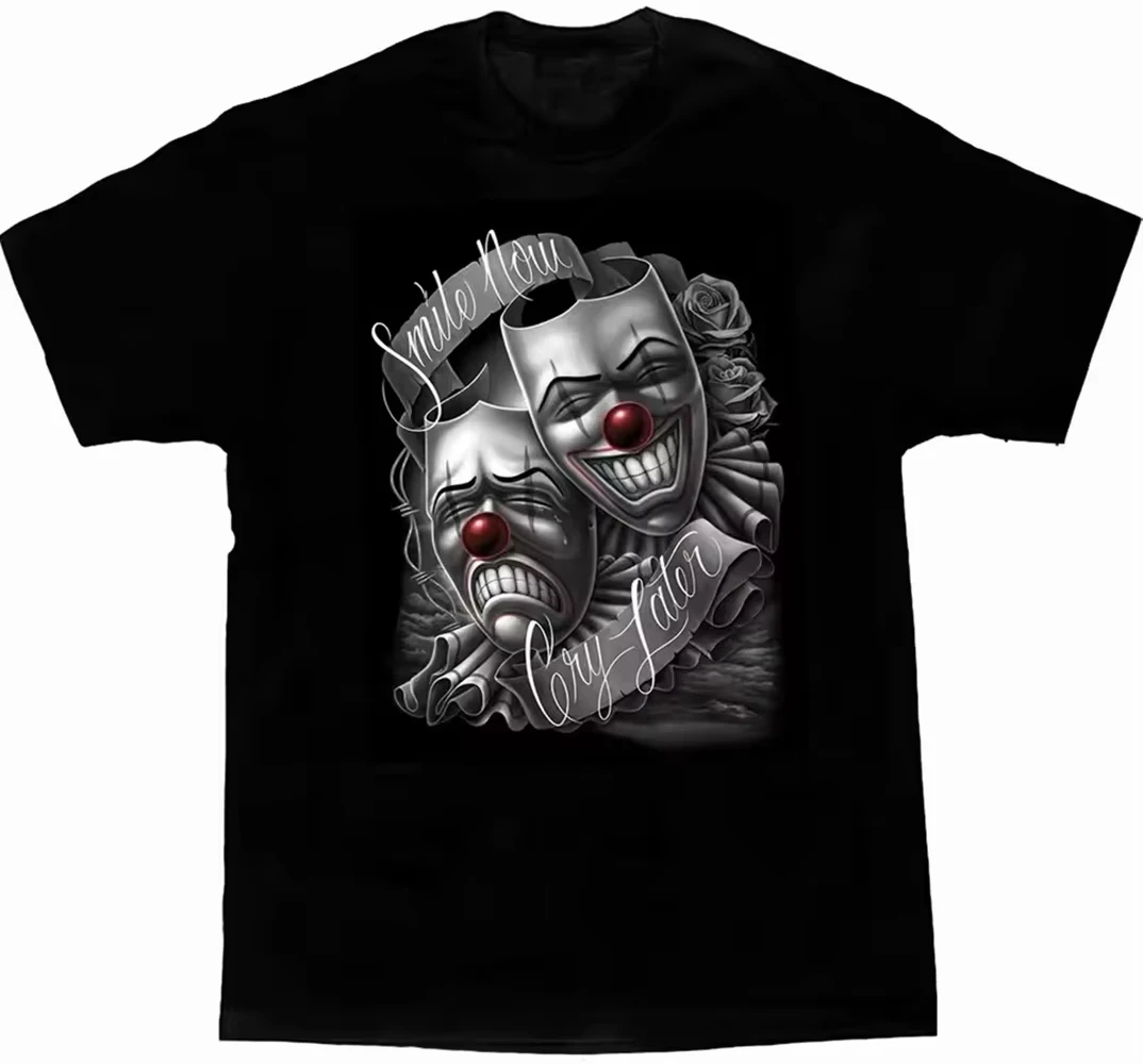 Camisetas Short Sleeve Round Neck Men Clothing Homme Mens New in Top Smile Now Cry Later Drama Mask Lowrider Chicano Art T-Shirt