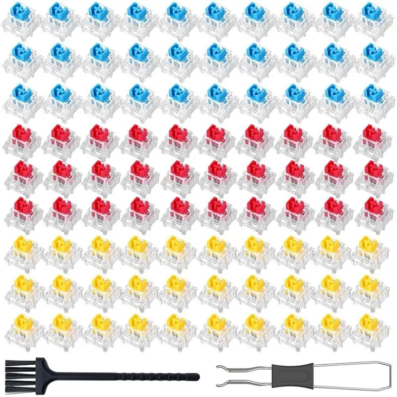 AT82-90PCS Keyboard Clickers Set With Tweezers And Brush, Clickers For 3D Printing, Keyboard Switches 30Blue +30Yellow +30Red