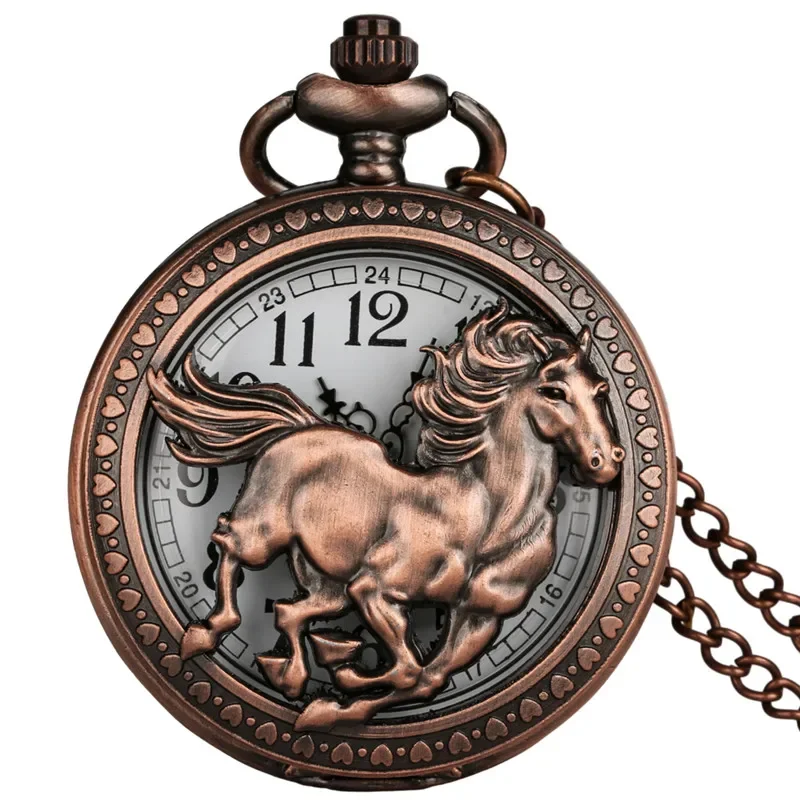 Vintage Hollow Animal Horse Design Men Women Quartz Analog Pocket Watch Rose Gold Necklace Pendant Chain Collectable Timepiece