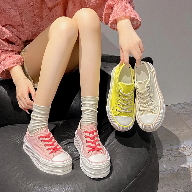 2024 Women Thick Sole Canvas Shoes Female Low Top Solid Sneakers Breathable Upper Summer Students Elevator Shoes