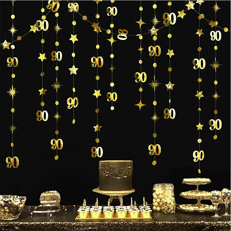 Metallic Paper Gold 90th Birthday Party Decoration Number 90 Circle Dot Twinkle Star Garland Hanging Banner 90 Year Old Backdrop