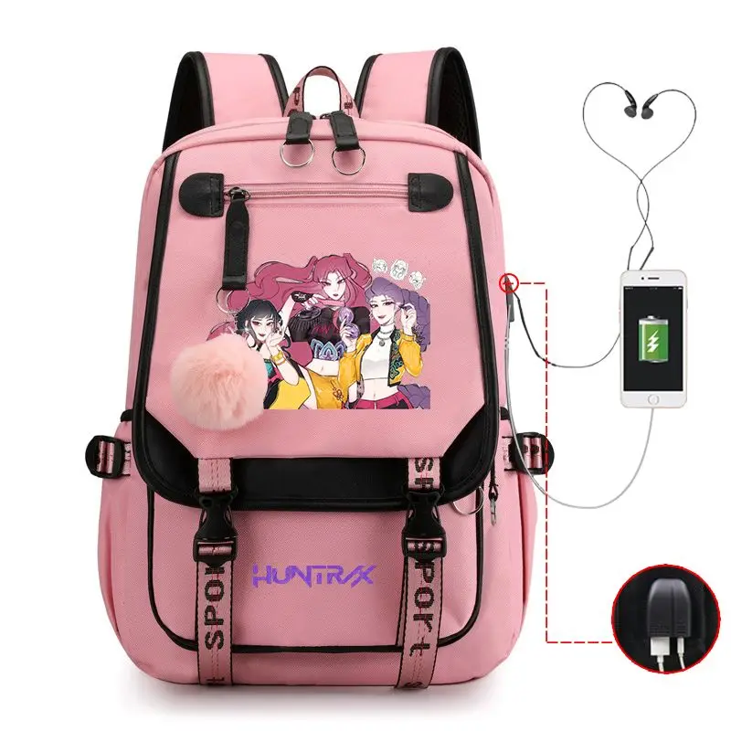Mochila KPop Demon Hunters Rumi Mira Zoey HUNTR/X, mochila escolar con estampado de moda de dibujos animados para estudiantes equipada con mochila con interfaz USB