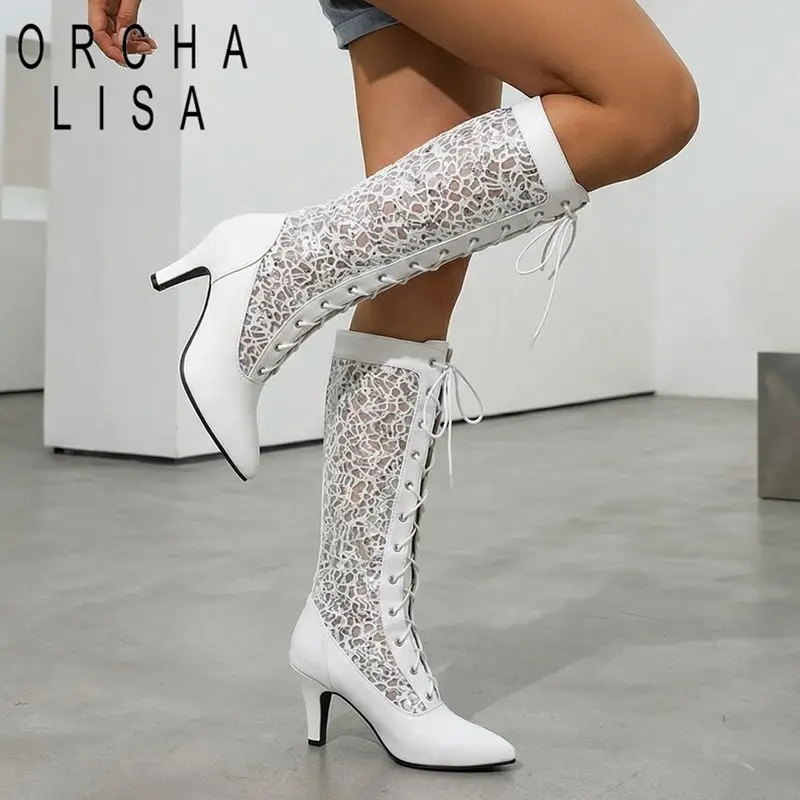 

ORCHA LISA Черные женские сапоги до колена с острым носком, на тонком каблуке 8,5 см, на шнуровке, с дышащей сеткой, большие размеры 45, 46, 47, сексуальные повседневные туфли