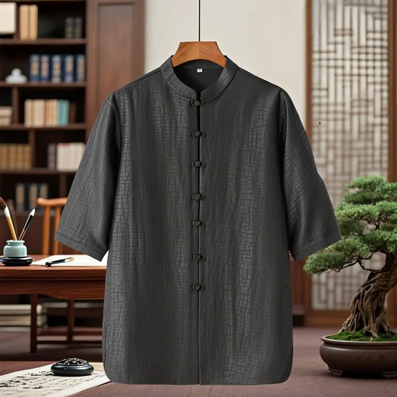 

Quiet Luxury Men's Shirt Low-key Tortoise Crackle Black Artisan Silk Fabric Top Mandarin Collar Frog Button Tunic Male
