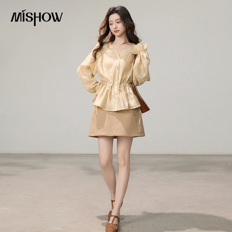 MISHOW Full-coverage Floral V-neck Embroidery Blouses 2026 Spring Waist-Slimming Top with Drawstring Design Shirt MXF16X2561