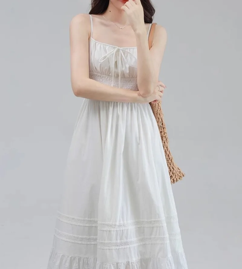 White Elegant Women Dress Lace Patchwork Lace-up Sleeveless Clothing Lady Slash Neck Strapped Dresses Bodycon Summer Holiday