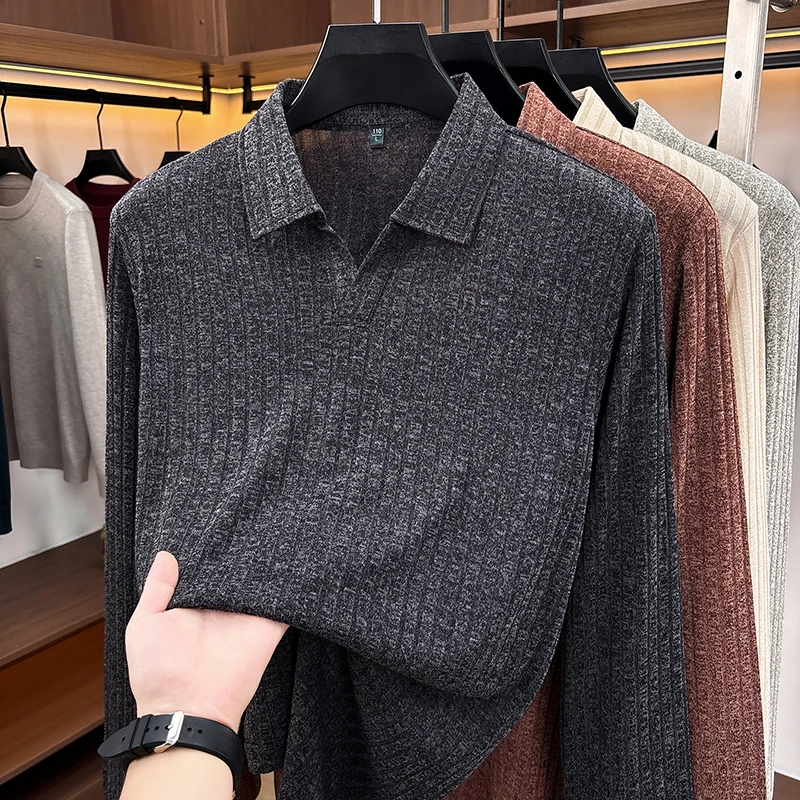 Herren-Pullover mit Polokragen und V-Ausschnitt, Strickpullover mit vertikaler Rippstruktur, langärmelig, weich, dehnbar, schmal geschnitten, Winter, Freizeit, Business, Herrenoberteile – Detail 10