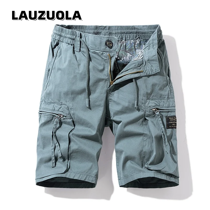 

Men's Blue Elastic Waist Cargo Shorts Multi-Pocket Drawstring Casual Workwear Shorts Men Tracksuit Short Pants