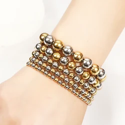 Quality Metal Jewelry Gift Unisex Stainless Steel Smooth Beads Waterproof Fade Resistant Charm Mixed Bicolor Elastic Bracelets
