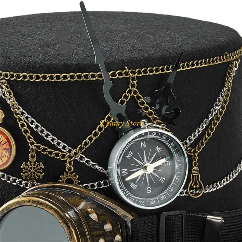N58F Gothic Metal Chain Hat Steampunk Design Goggles Headwear for Coser For Cosplay Event Photo Props