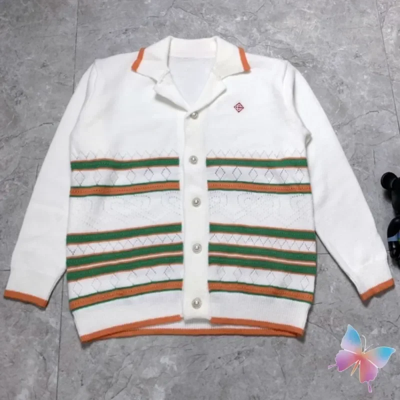 Winter Men Women Sweater Orange Green Striped Rectangular Printed Lapel Knit Long Sleeve Shirts Pearl Buckle Cardigan