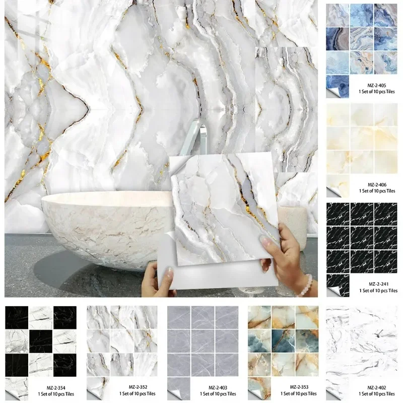 10pcs Imitation marble tile decals Bathroom kitchen cabinet decoration retrofit self-adhesive crystal hard sheet wall decals