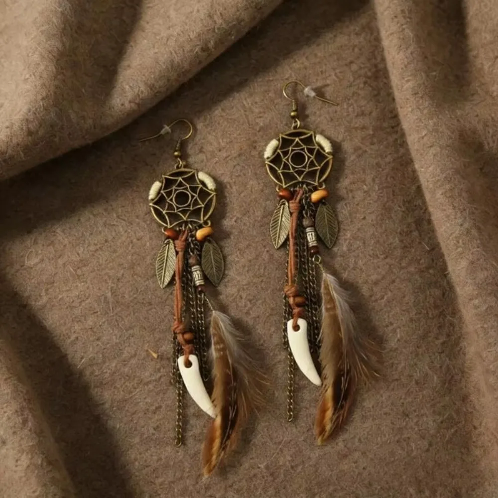 Ethnic Bohemian Style Dangling Drop Earrings Handmade Leaf Pendant Tassel Earrings Long Antique Dream Catcher Earrings For Women