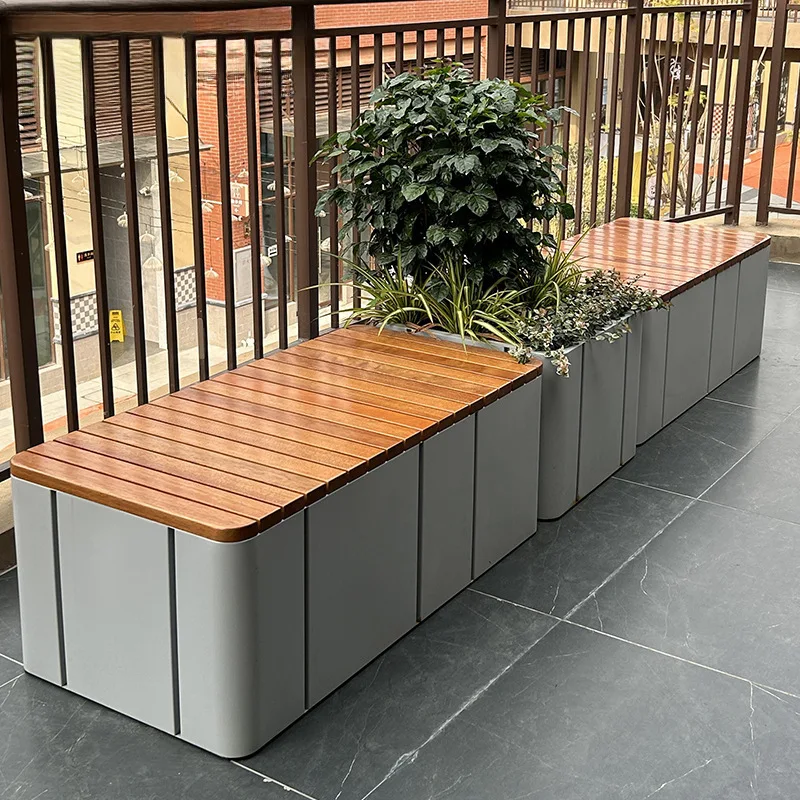 Outdoor finished flower box seat square business scene view, leisure stool, stainless steel flower box, solid wood chair