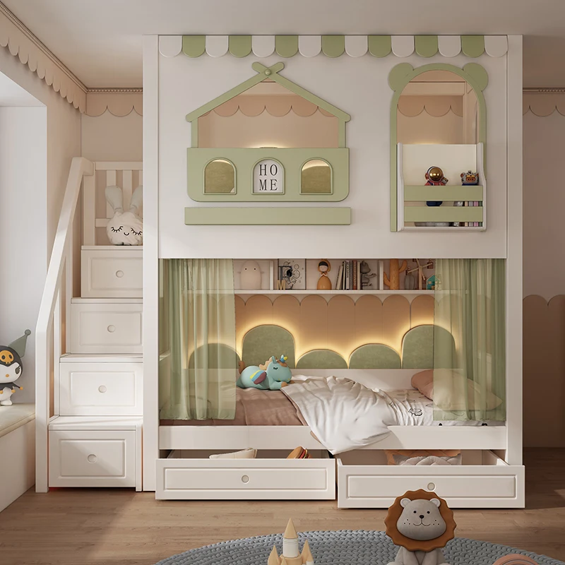 جميع سرير الأطفال المصنوع من الخشب الصلب، شقة صغيرة، سرير صبي لأعلى ولأسفل، سرير مرتفع ومنخفض، سرير الأم والطفل، بطابقين علويًا #2