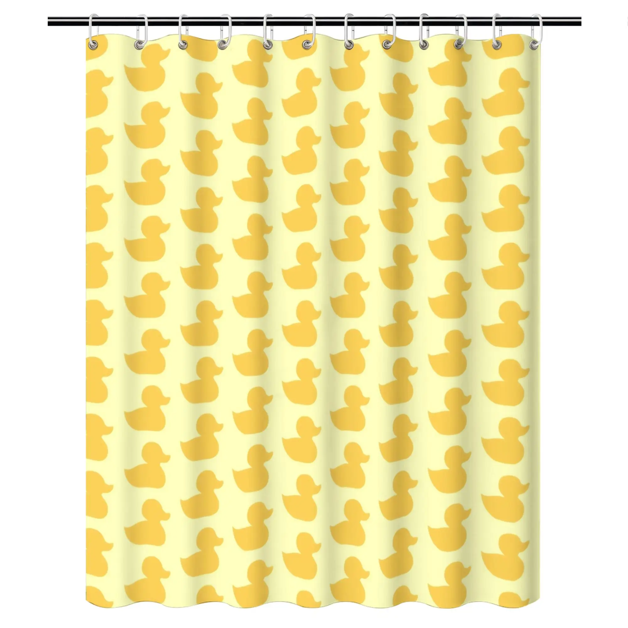 Nature inspired yellow rubber duck shower curtain perfect for creating a warm and peaceful atmosphere in a cozy bathroom corner