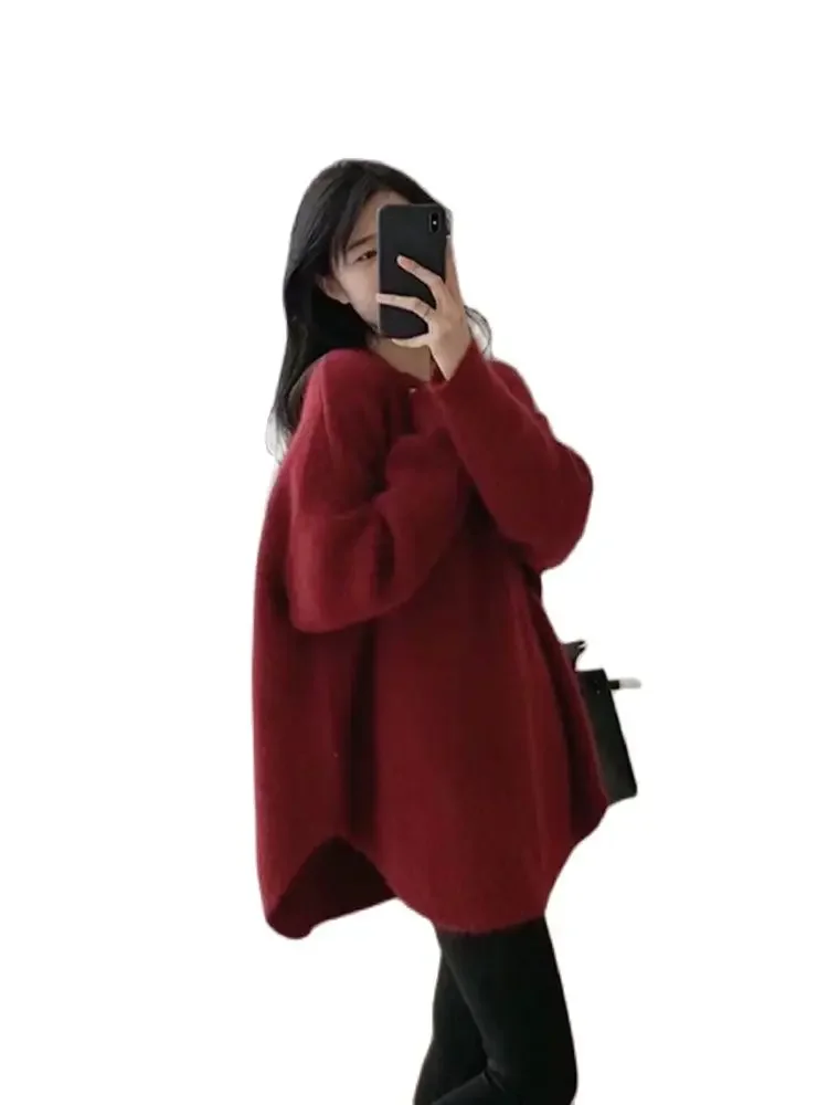 Raccoon Wool Knitted Sweater Winter Maternity Loose Outer Wear Plus Size Pregnant Women's Knitting Pullovers Fashion Jackets Red