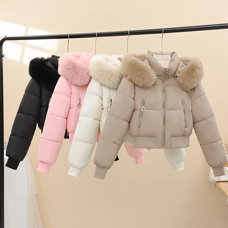 

2025 Winter New Short Cotton Jackets Long Sleeve Loose Short Women's Parka Coats Hooded Big Fur Collar Down Cotton Padded Coats