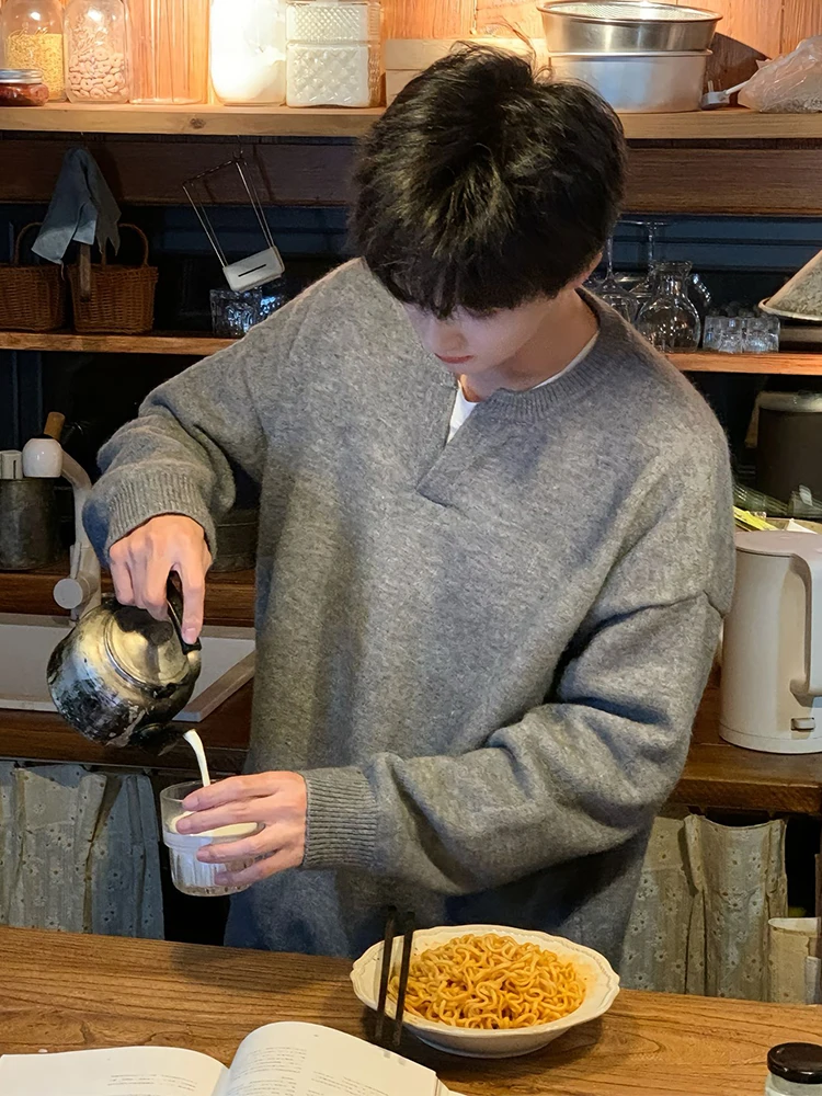 

Мужской свитер в американском ретро-стиле с V-образным вырезом, зимний, свободный, вязаный, для ношения как базовый слой или под одежду, мягкий, удобный, повседневный