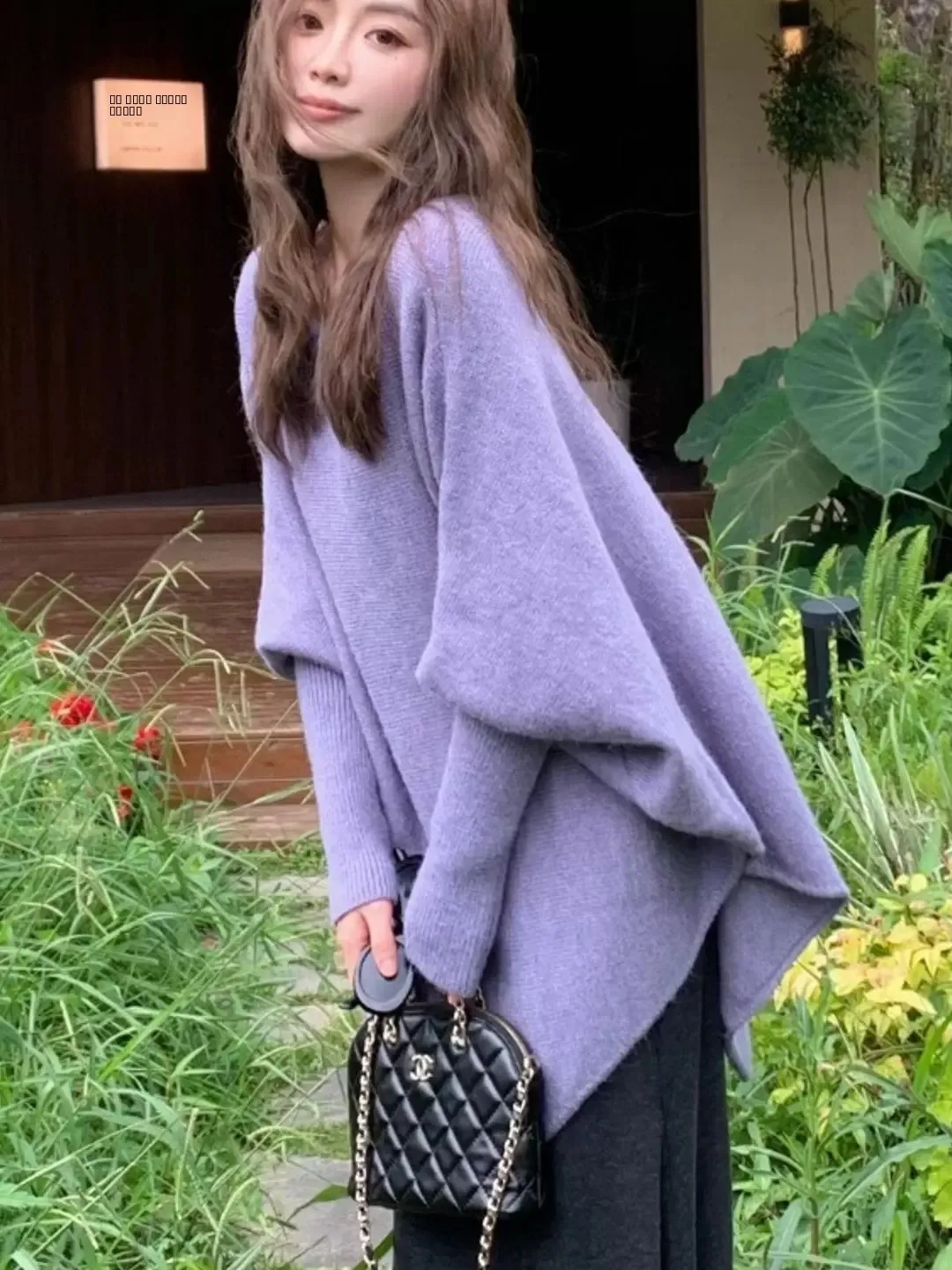 パープルニットカウルネックセーターコートカジュアル秋新作スリーブソフトレイジートップ万能カバーアップアウターウェア女性用