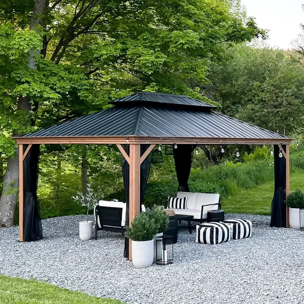 12' X 16' Outdoor Hardtop Gazebo for Patio Galvanized Steel Double Roof Canopy Aluminum Frame Pavilion Gazebo with Netting