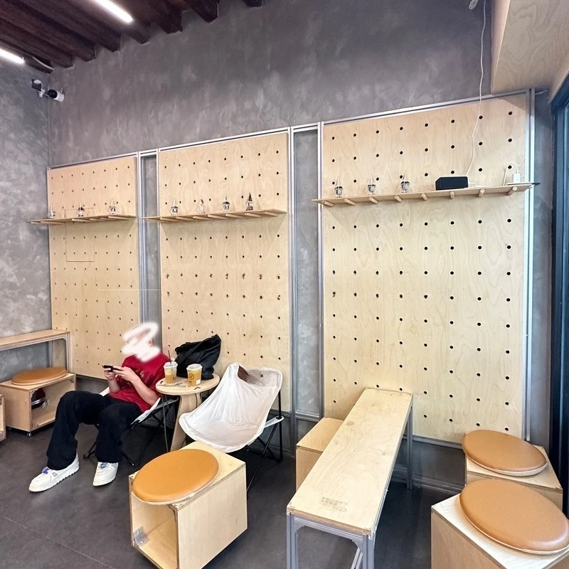 

Solid wood hole board aluminum profile hanging board wall decorative baffle rack coffee shop background wall display rack