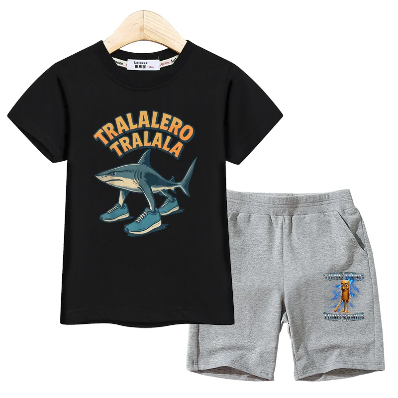 Kinder italienische Brainrot Kleidung Jungen Sommer T-Shirt Tralalero Tralala Shorts Kurzarm 2-teilige Sets
