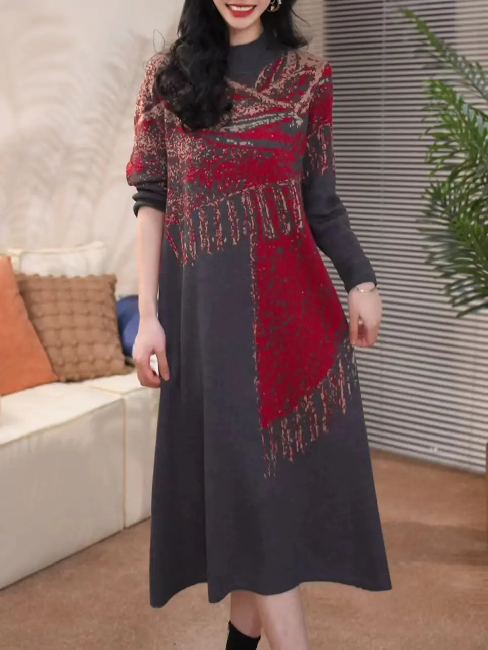 

Women Red Print Knitted Cotton Long Sleeve Midi Dress Autumn Luxury Chic Sweater Dress 2025 Korean Vintage Elegant Prom Vestidos