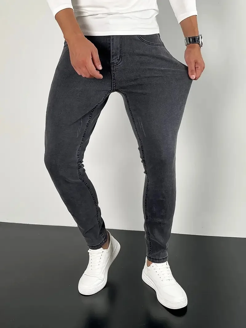 Pantalones vaqueros ajustados grises de estilo callejero a la moda para hombre, pantalones vaqueros lisos con lavado Vintage, pantalones vaqueros ajustados informales para hombre, gran oferta