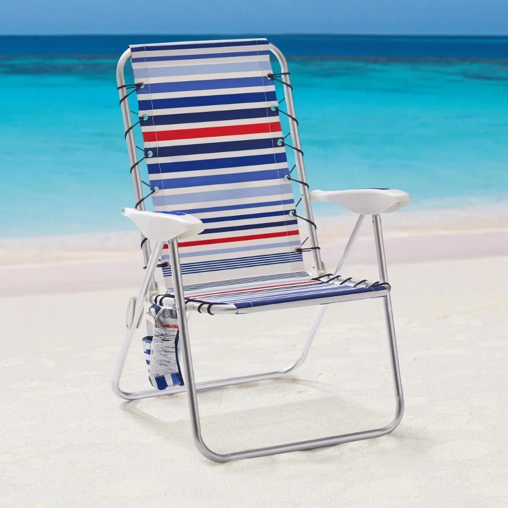 

Mainstays Aluminum Bungee Reclining Beach Chair with storage pockets, Red White & Blue Stripe