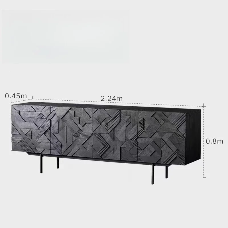 

Nordic expression all solid wood Indonesia imported Belgian teak carved dining side cabinet black retro living room TV cabinet