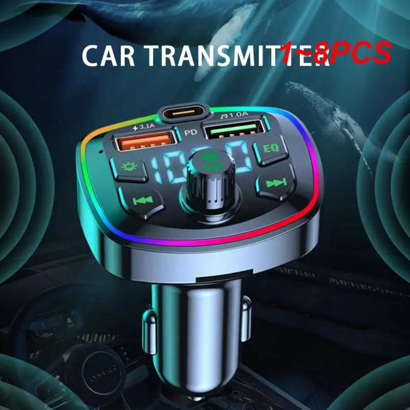 1~8PCS Car 5.0 Charger FM Transmitter PD 20W Type-C Dual USB 3.1A Colorful Ambient Light Cigarette lighter MP3 Music