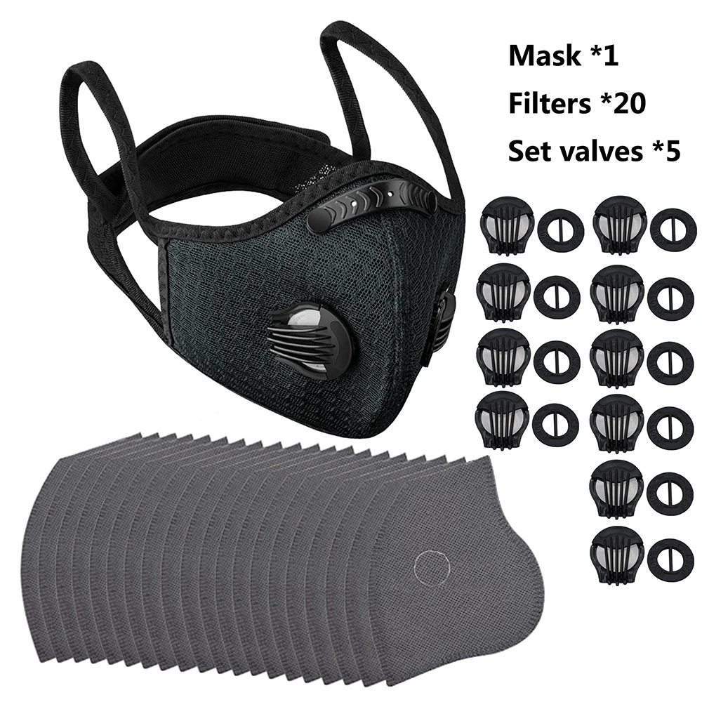 2 máscaras 20 filtros máscara de ciclismo con capa de carbón activado 5 válvulas de aire máscara deportiva lavable anticontaminación para adiestramiento al aire libre