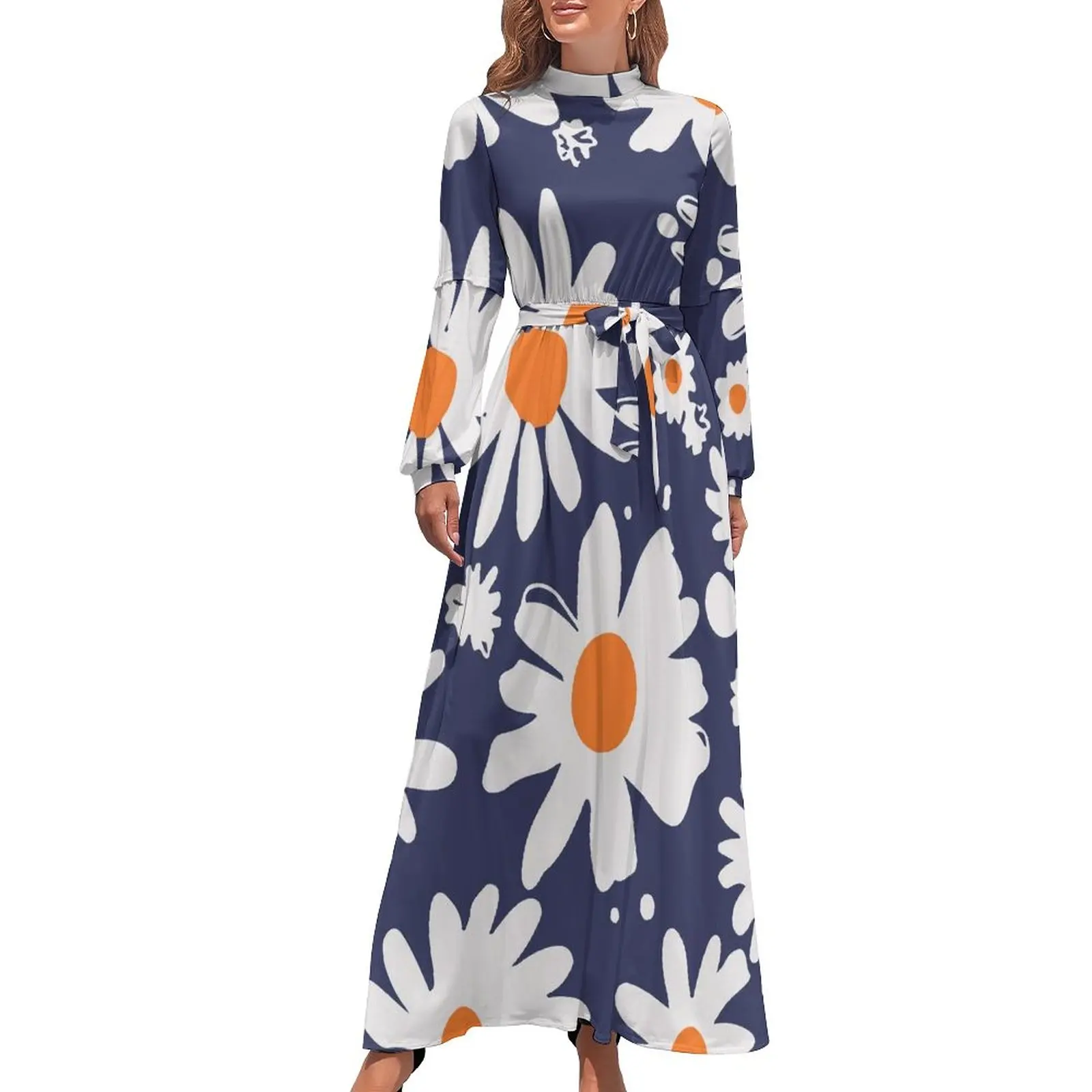 Robe longue blanche et bleue à manches longues, taille haute, motifs floraux abstraits, style bohème, tendance