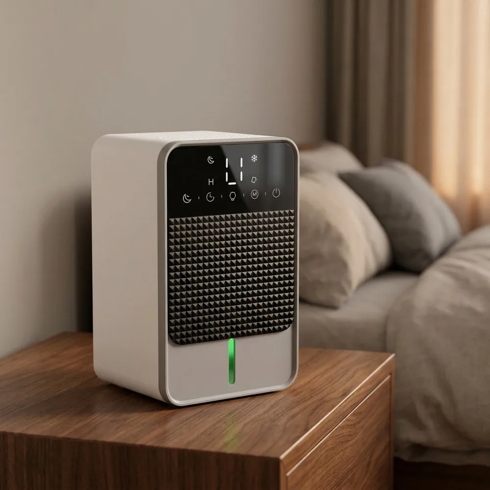 Grey Dehumidifier 1800ml Tank for Auto Humidity Detection Timer 2-12 Hrs Sleep Mode 7 Color LED Display 22.5W Power