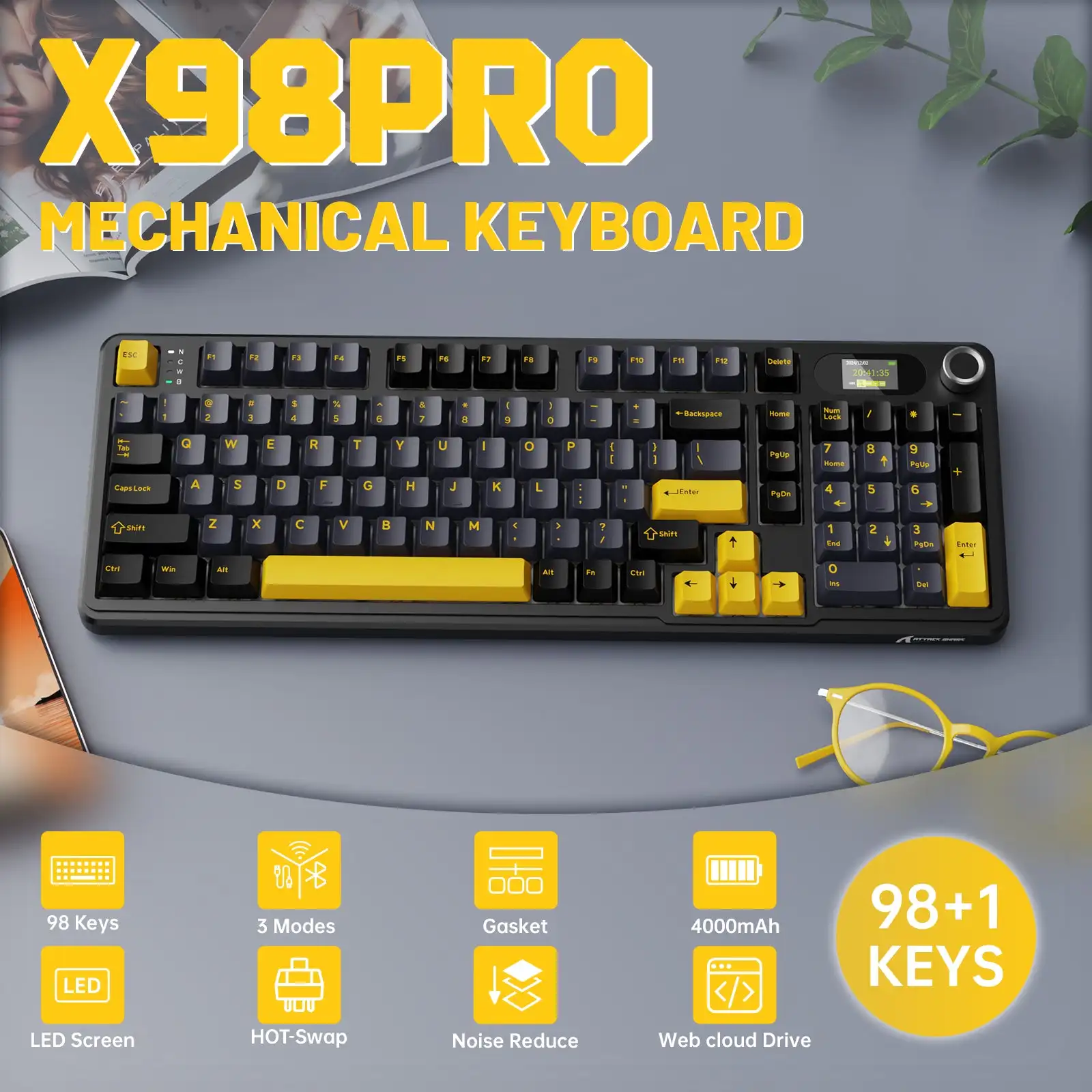Attack Shark X98 Pro Mechanical Keyboard  3-Mode Wireless (BT/2.4G)  Gasket Mount Hot-Swap RGB & TFT Screen | 4000mAh 80% Layout