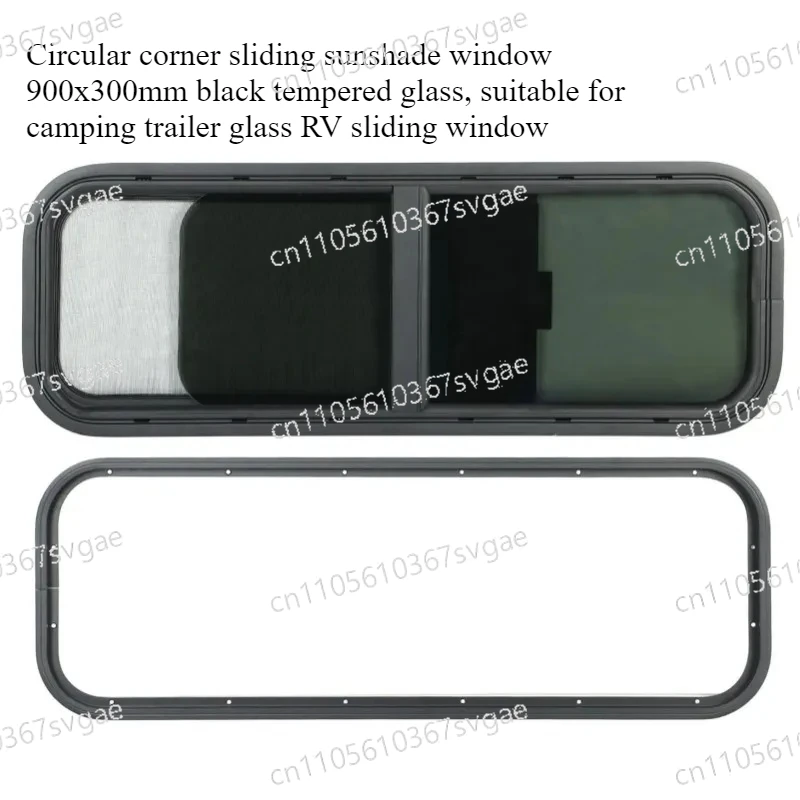 Circular corner sliding sunshade window 900x300mm black tempered glass, suitable for camping trailer glass RV sliding window
