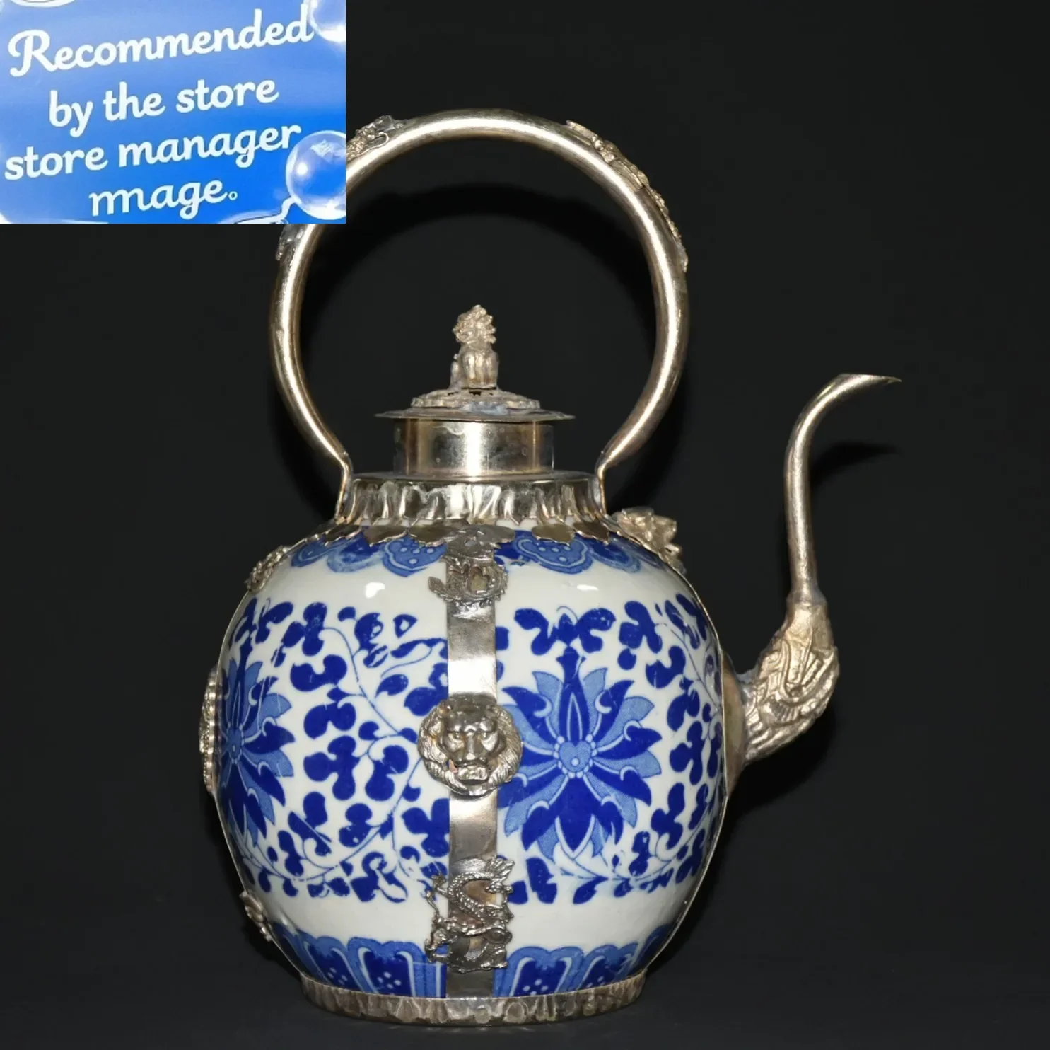 

Old Chinese Blue and White Porcelain Copper Teapot Wine Pot Home Decoration