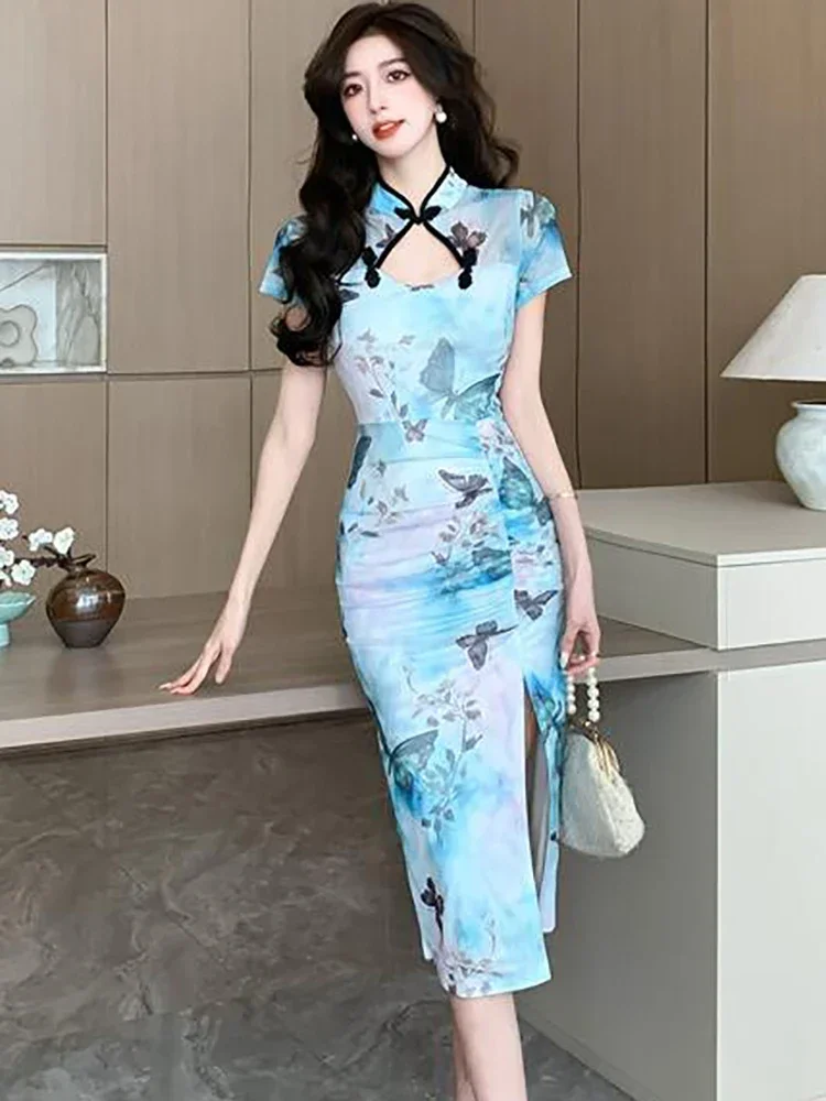 Robe d'été élégante et décontractée pour la maison, tenue de soirée moulante coréenne, en maille bleue, motif Floral, ajourée, mi-longue, 2025