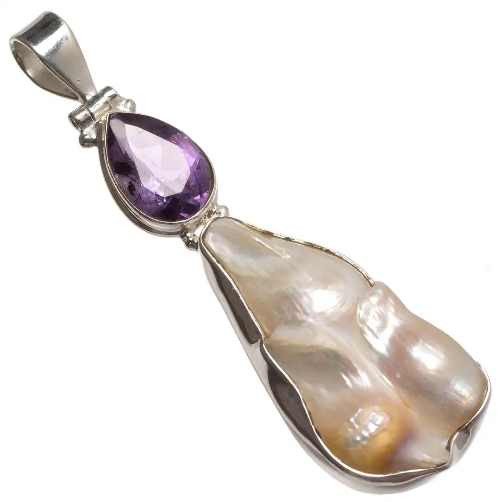 

Biwa Pearl and Amethyst Handmade Mexican 925 Sterling Silver Pendant 2 1/2" T0716