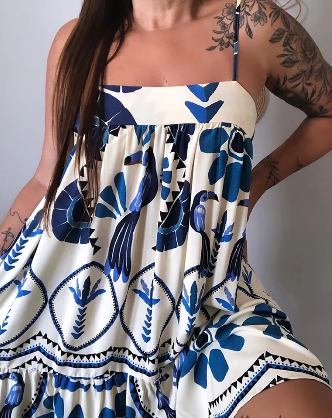 

Dress Women's Fashion 2025 Summer Casual Tropical Print Spaghetti Strap A Line Mini Dress Casual Back Tied Detail Layered Dress
