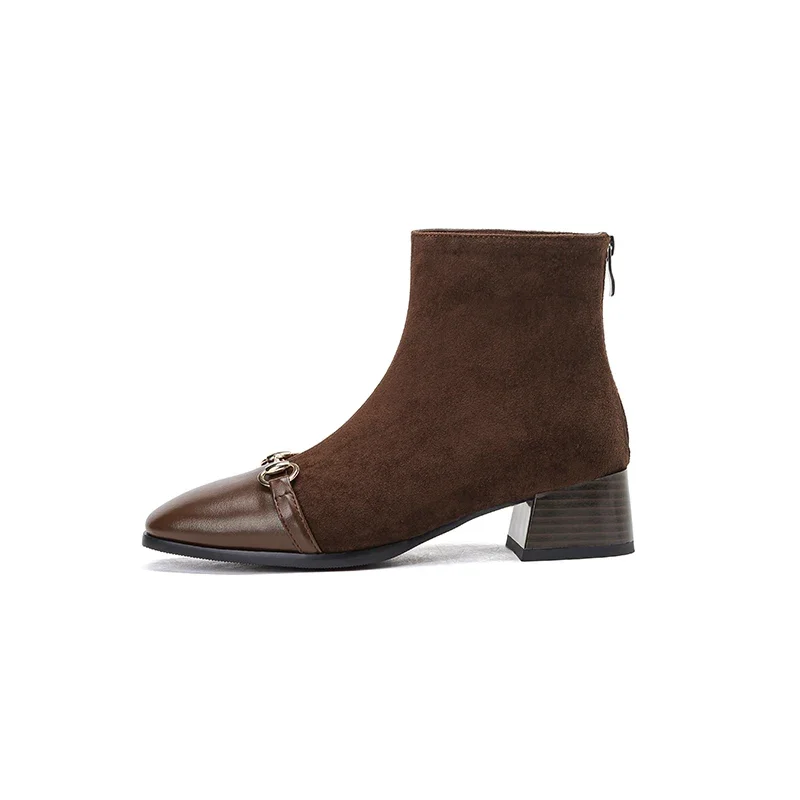 

Fashionable square toe thick heel splicing frosted upper metal decoration rear zipper short barrel comfortable short boots