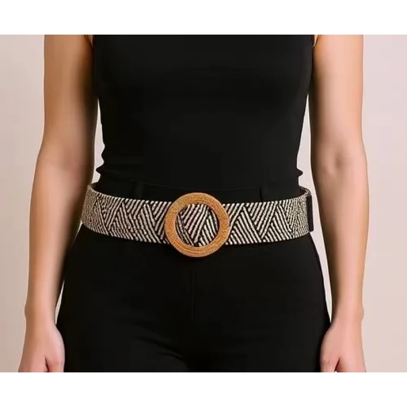 Bohemian spring and summer PP grass lafite elastic woven log buckle beautiful casual ethnic style women's belt