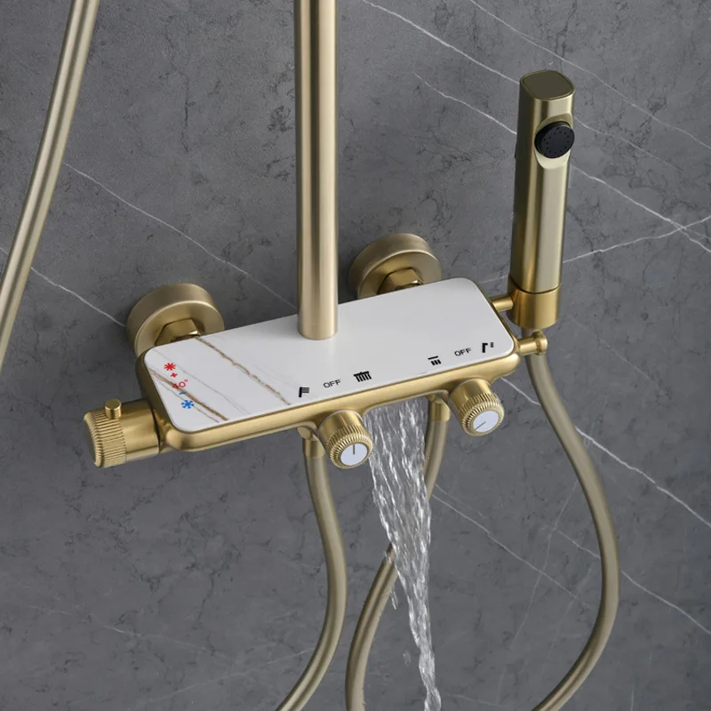 Brushed Gold Constant Temperature Shower Set  White Starry Top Spray Four-Function Brass Bathroom Tap Stone Plate Shower Faucet