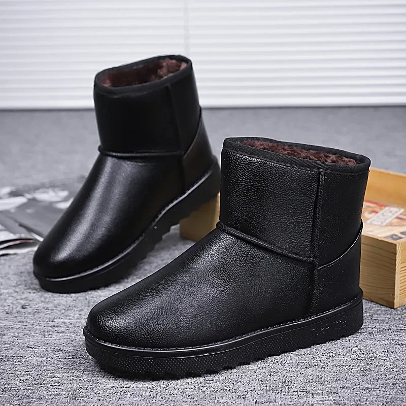 Winter Velvet Men's Snow Boots Men High Top Cotton Shoes Slip-on Platform Boots Comfortable Leather Ankle Boots Man Short Boots