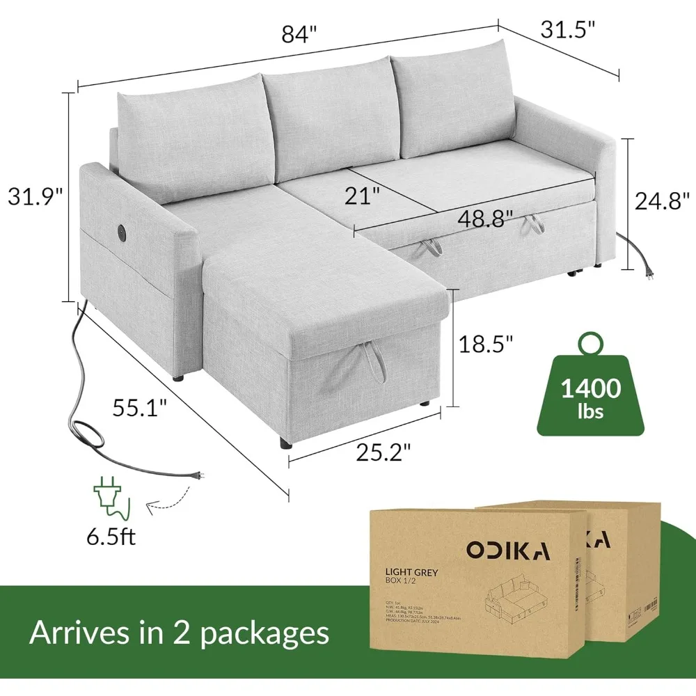 L Shaped Convertible Sofa Bed，Dual USB-C Charging with Storage & Pockets, Removable & Washable Linen Covers，Sofa Bed