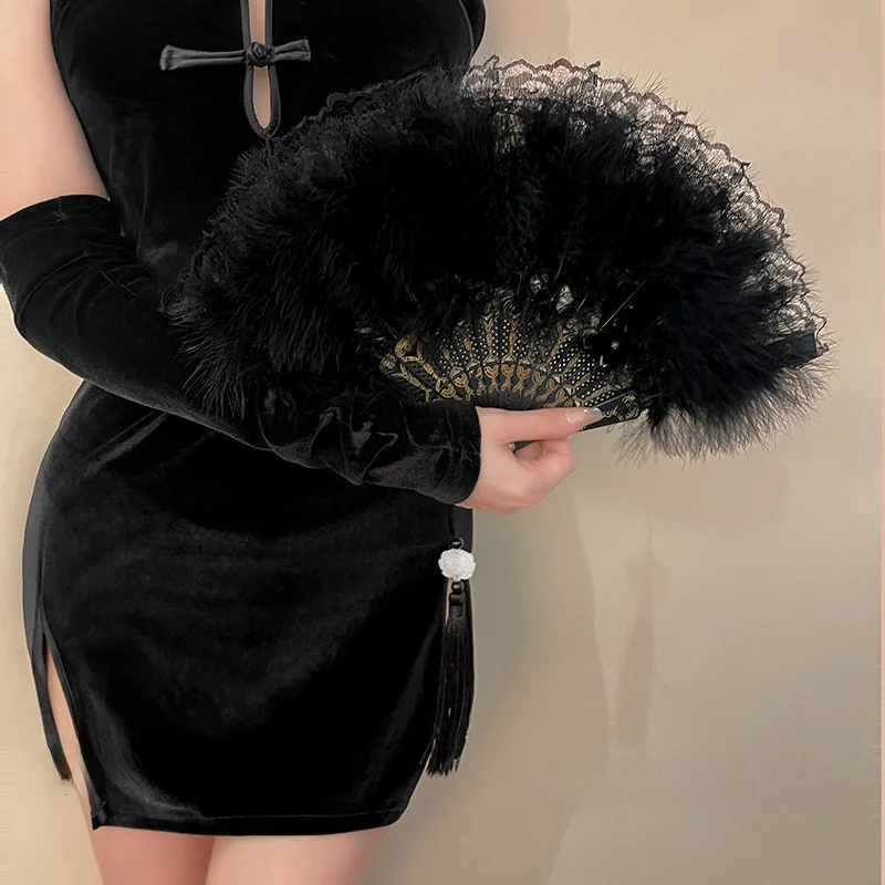 Chinese Style Vintage Retro Foldable Hand Fan Feathers Lace Folding Handheld Fan for Dance Wedding Decoration Party Favor Gifts