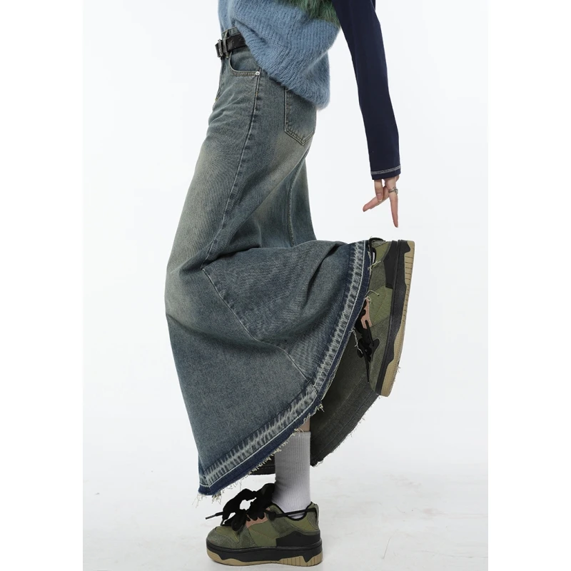 Women Blue Denim Half Body Skirt Gradient High Waist Tassels Casual Korean Mid Length Bottoms Baggy Vintage Female Long Skirt