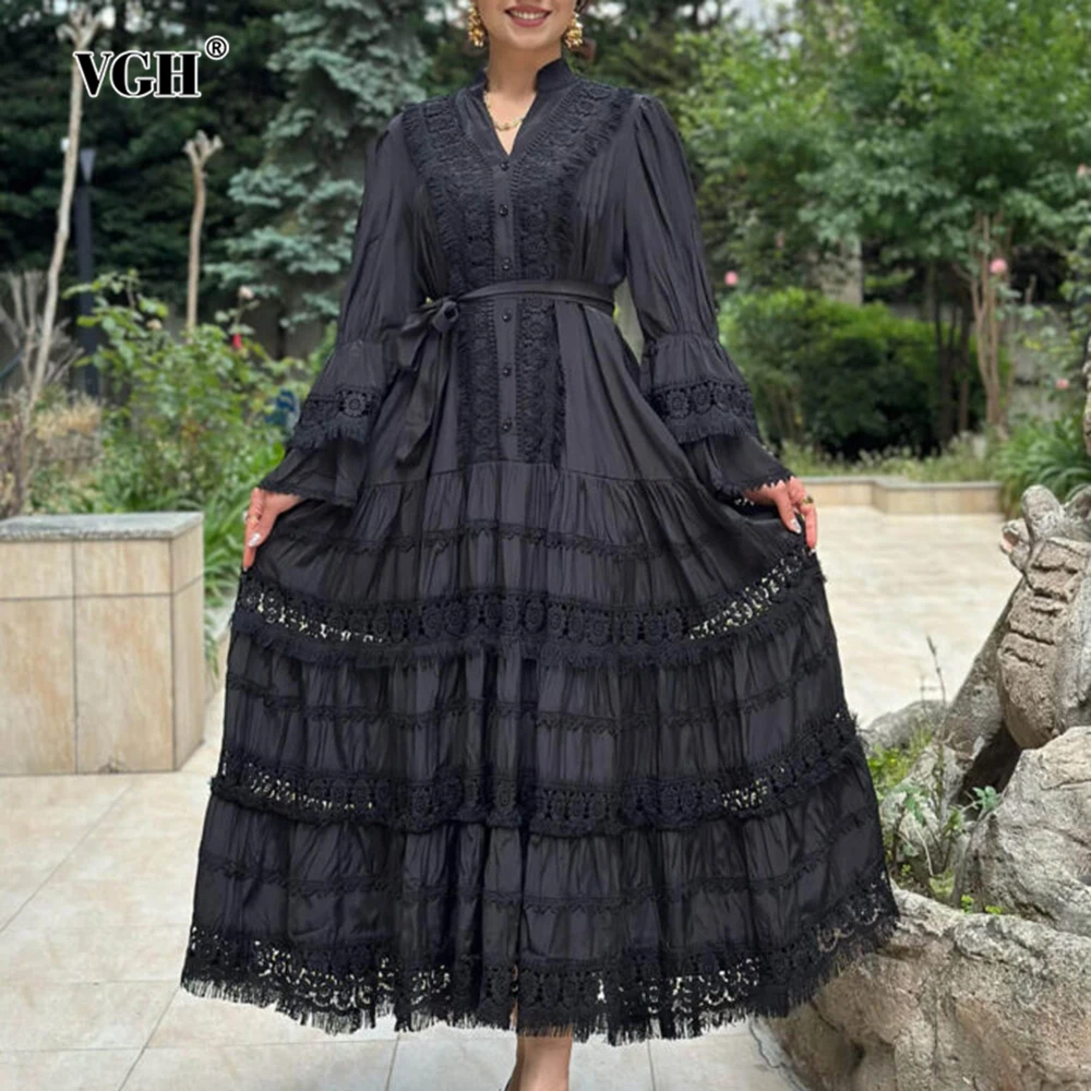 

VGH Элегантное ретро-платье миди с вырезом для женщин, воротник-стойка, расклешенные рукава, высокая талия, сращенные на шнуровке, женские платья больших размеров